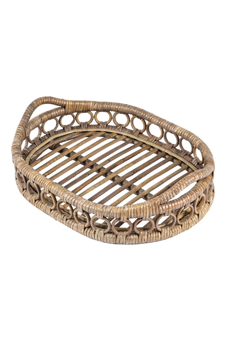 Cassini Handcrafted Rattan Oval Geometric Loop Ring Decorative Serving Tray with Handles and Slat Base, Main, color, Gray