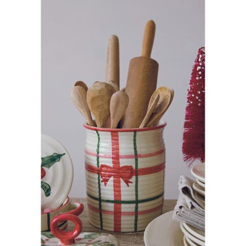 Artisan Plaid Stoneware Crock with Hand-Tied Bow
