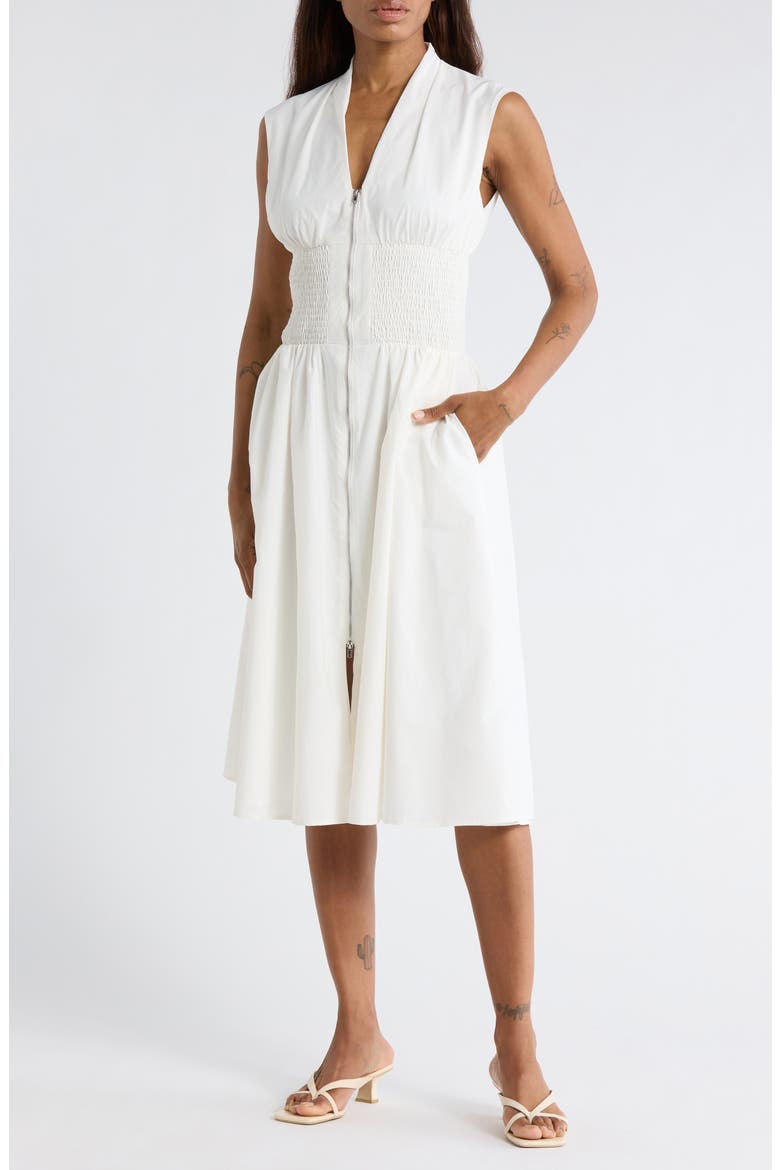 Smocked Waist Zip Midi Dress, Main, color, WHITE