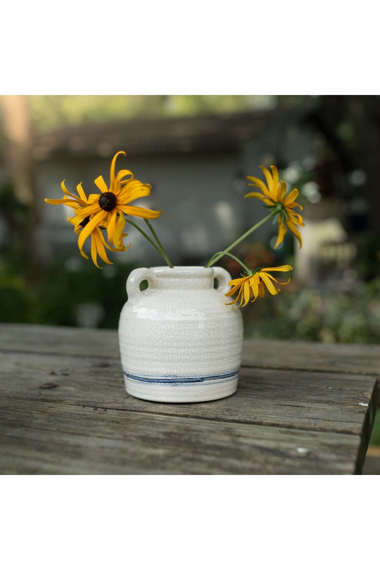 Vintage Crackle Vase with Handles Blue Stripe Stoneware, Alternate, color, Blue