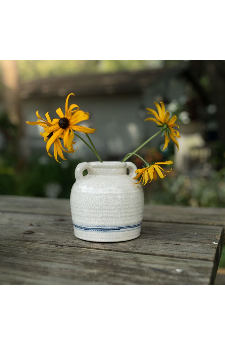 Foreside Home and Garden Vintage Crackle Vase with Handles Blue Stripe Stoneware, Alternate, color, Blue