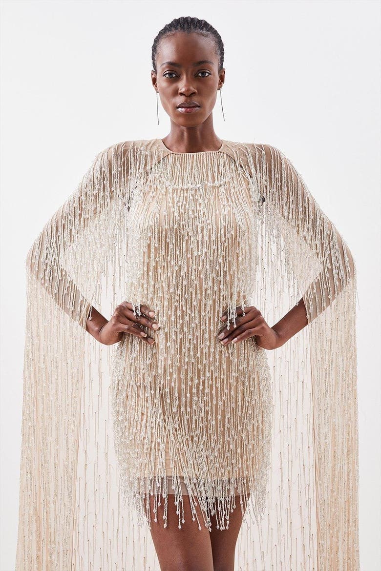 Fringe Cape Mini Dress, Alternate, color, Silver