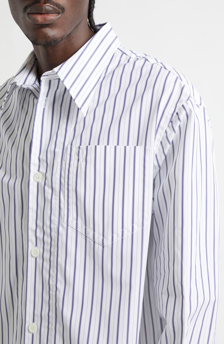 AMI PARIS Stripe Cotton Poplin Button-Up Shirt, Alternate, color, Blanc/ Encre