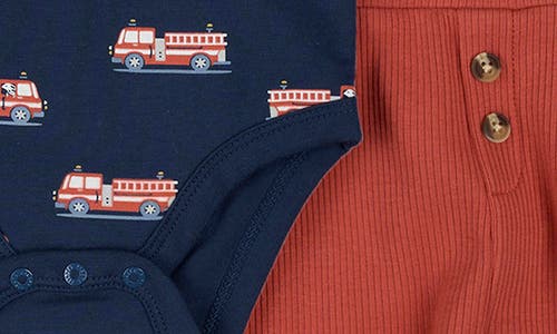 Firsts By Petit Lem Fire Truck Print 3-piece Bodysuits & Rib Joggers Set In Blue