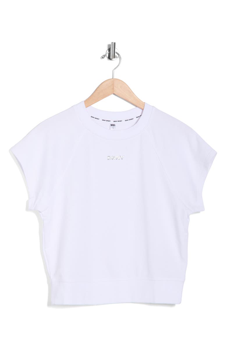 DKNY Metallic Logo Cap Sleeve Sweatshirt, Main, color, White
