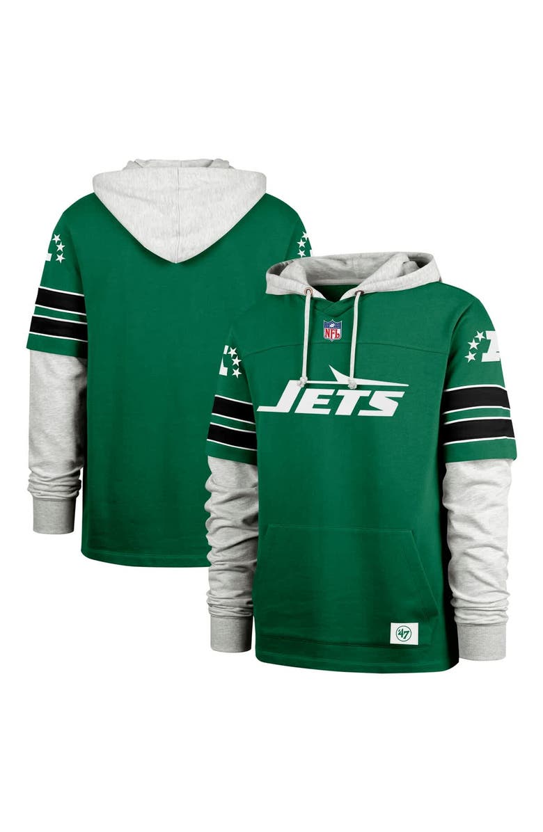 '47 Men's '47 Kelly Green New York Jets  Double Header Blitz Throwback Cornerback Pullover Hoodie, Main, color, 