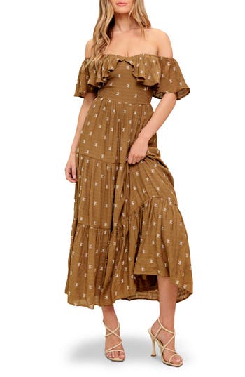 Flying Tomato Embroidered Bow Off-the-shoulder Midi Dress In Brown
