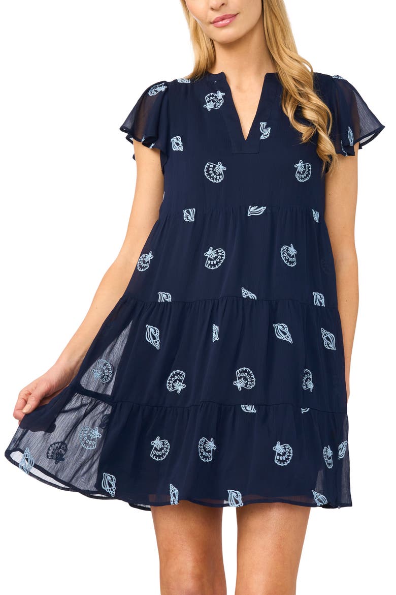 Embroidered Shell Detail Flutter Sleeve Minidress, Alternate, color, CLASSIC NAVY