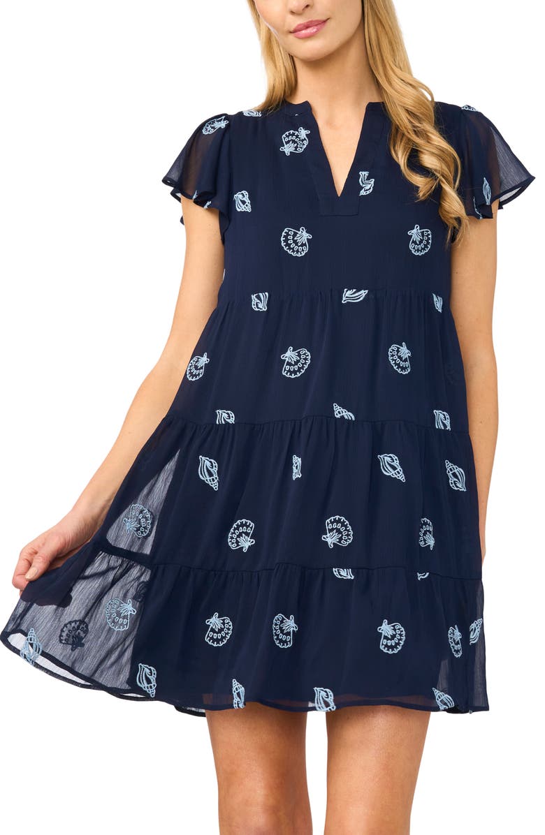 CeCe Embroidered Shell Detail Flutter Sleeve Minidress, Alternate, color, Classic Navy