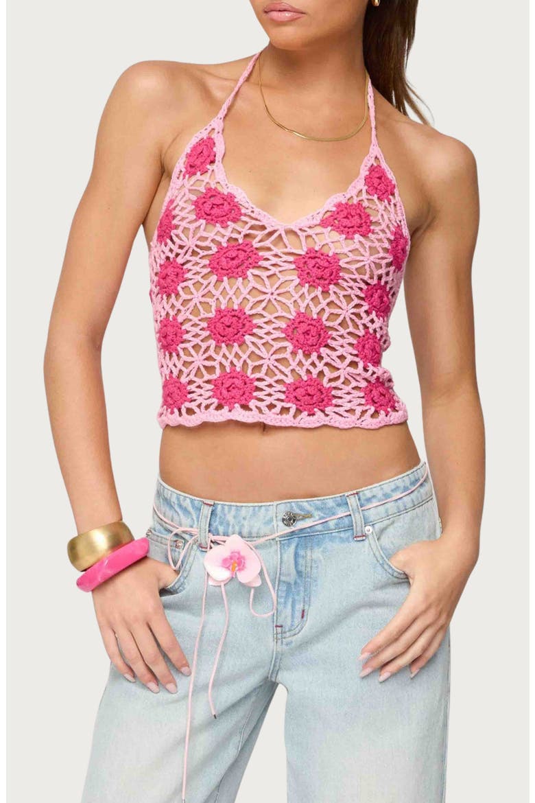 Floral Crochet Halter Top, Main, color, PINK