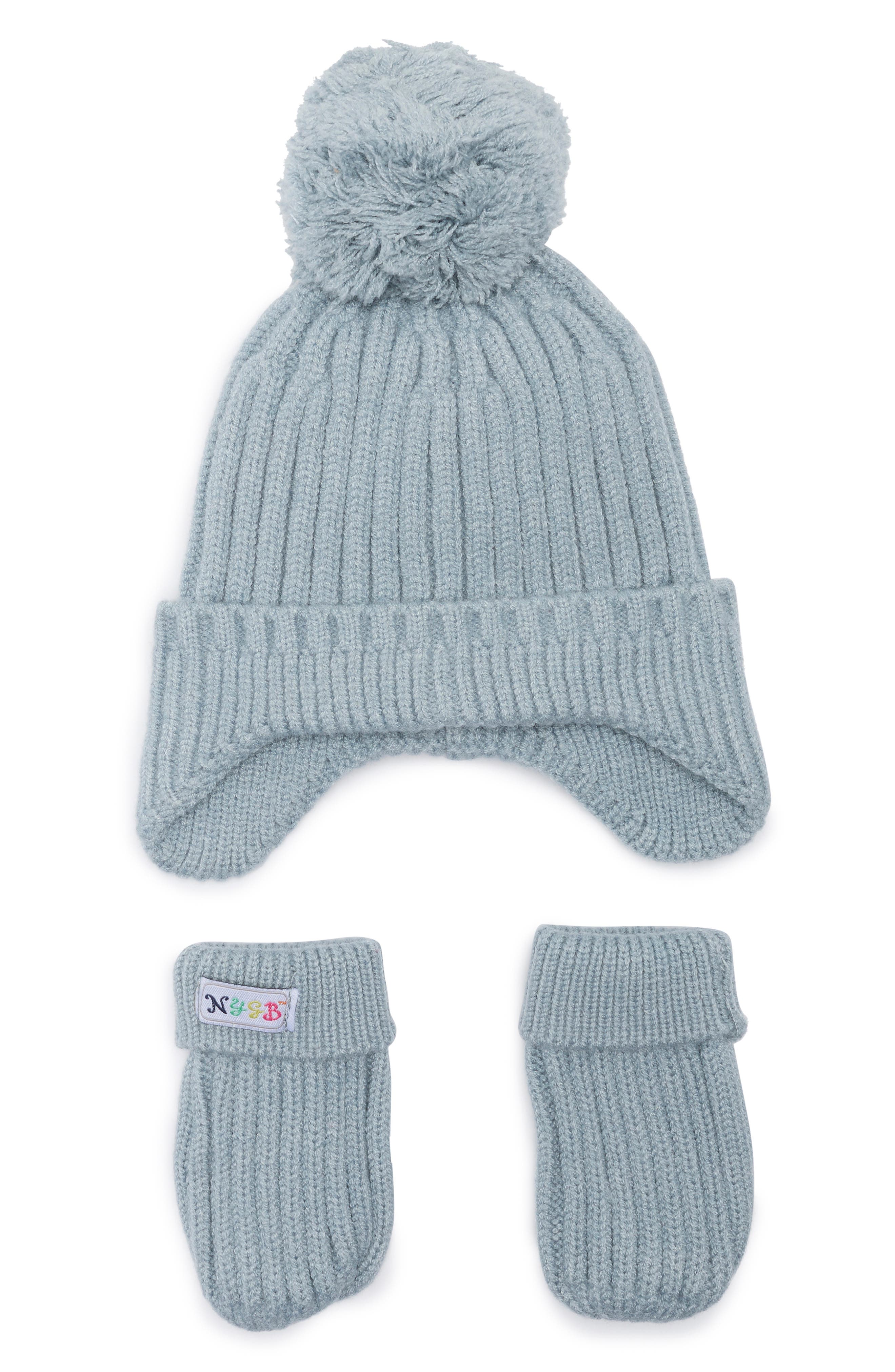 Ribbed Aviator Hat with Faux Fur Pompom & Mittens Set