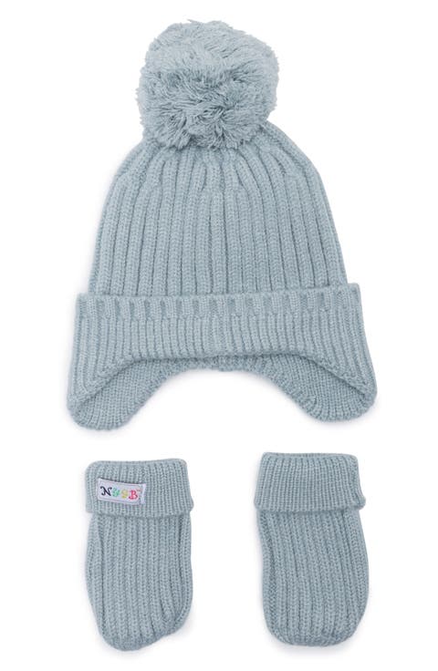 Ribbed Aviator Hat with Faux Fur Pompom & Mittens Set (Baby)