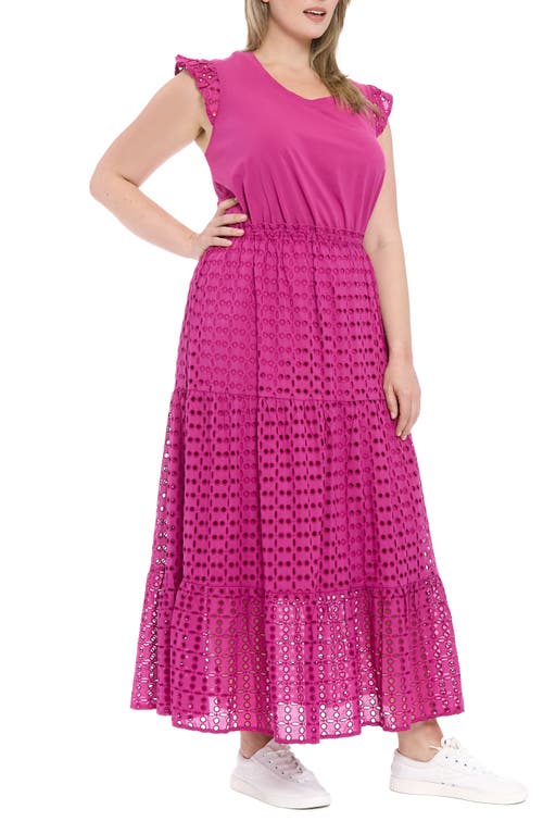 London Times Scoop Neck Mixed Media Tiered Maxi Dress In Pink