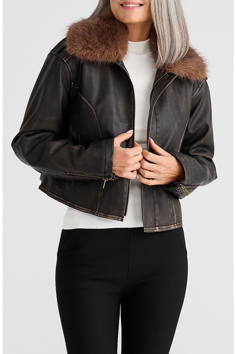 Rowan Faux Leather Jacket with Detachable Faux Fur Collar, Main, color, DARK BROWN
