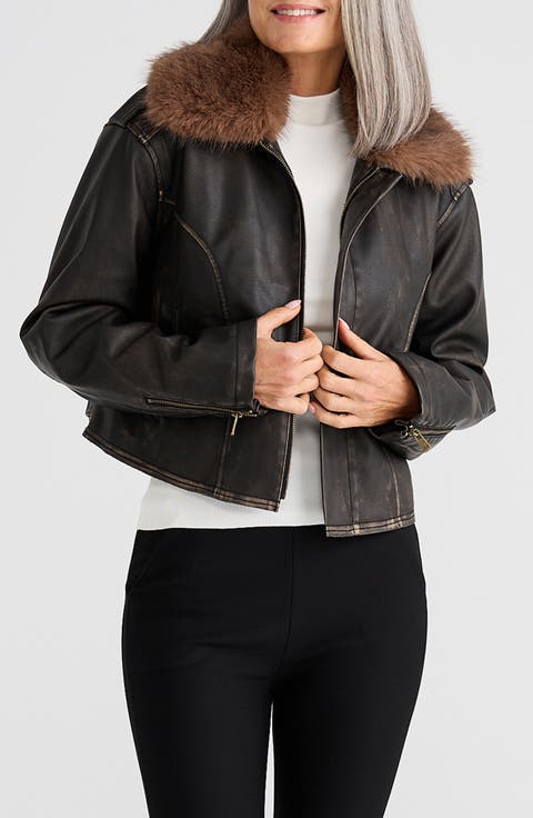 Rowan Faux Leather Jacket with Detachable Faux Fur Collar