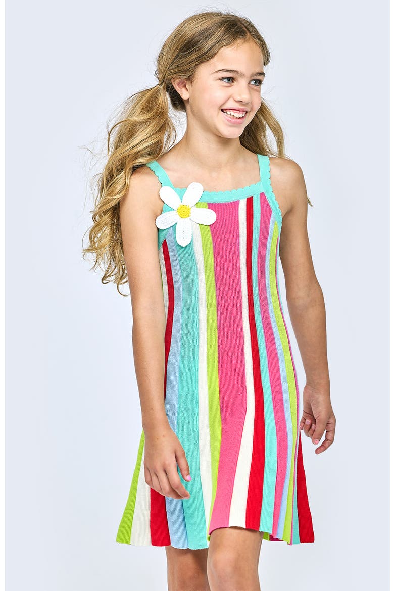 Kids' Vertical Stripe Fit Dress, Alternate, color, TEAL MULTI