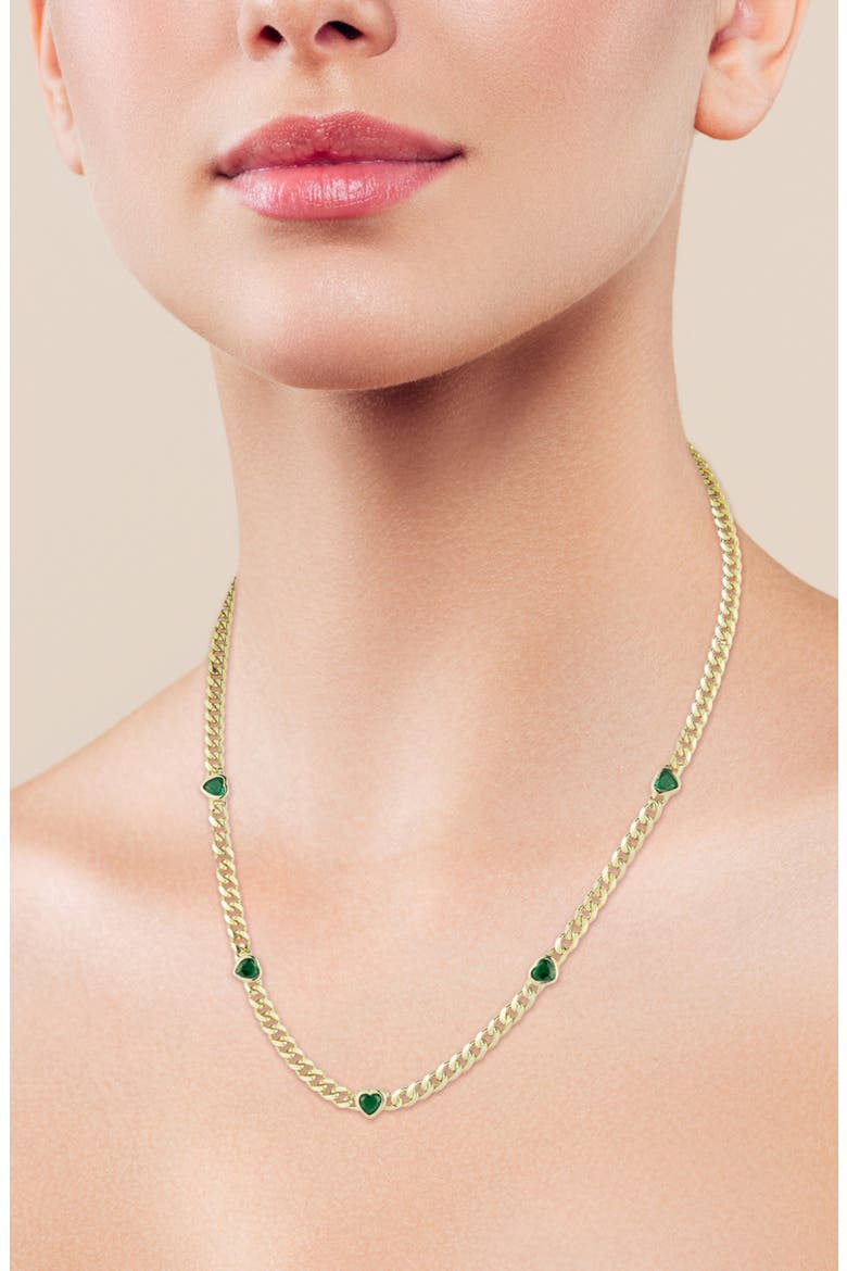 Cubic Zirconia Heart Station Curb Chain Necklace, Alternate, color, GOLD/GREEN