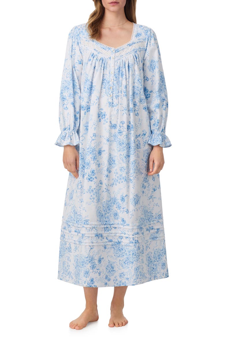 Long Sleeve Cotton Flannel Ballet Nightgown, Main, color, WHITE/ BLUE FLOWER