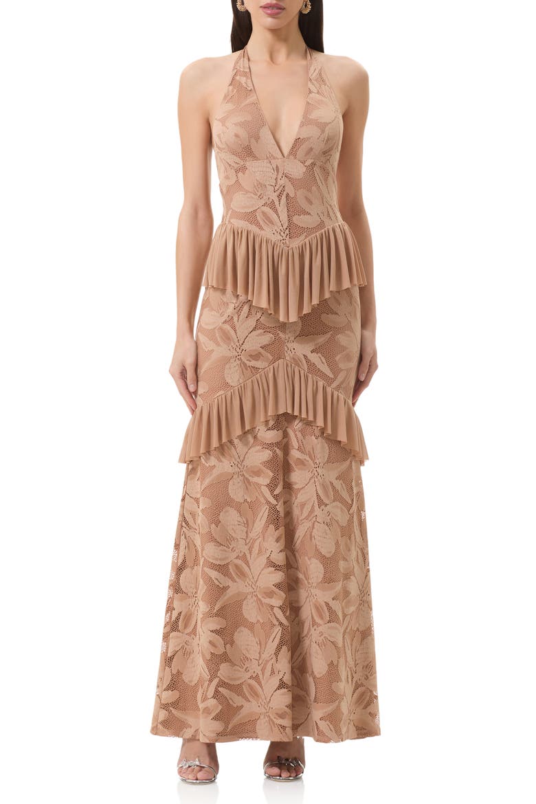 Athens Floral Lace Ruffle Halter Maxi Dress, Main, color, ALMOND