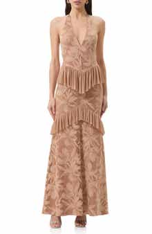 Athens Floral Lace Ruffle Halter Maxi Dress