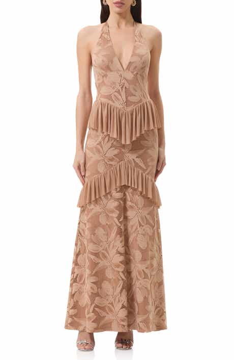 Athens Floral Lace Ruffle Halter Maxi Dress
