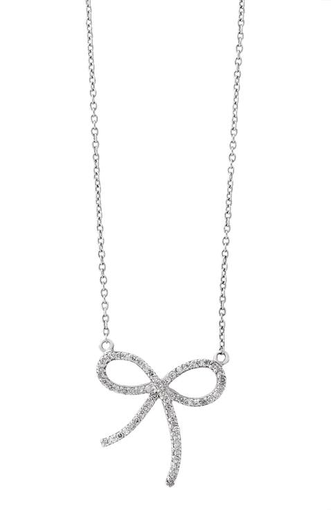 Diamond Bow Necklace in 14K White Gold