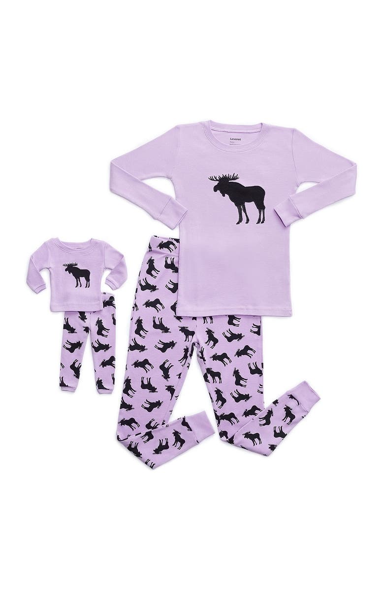 Leveret Moose Pajama & Matching Doll Pajama Set, Main, color,