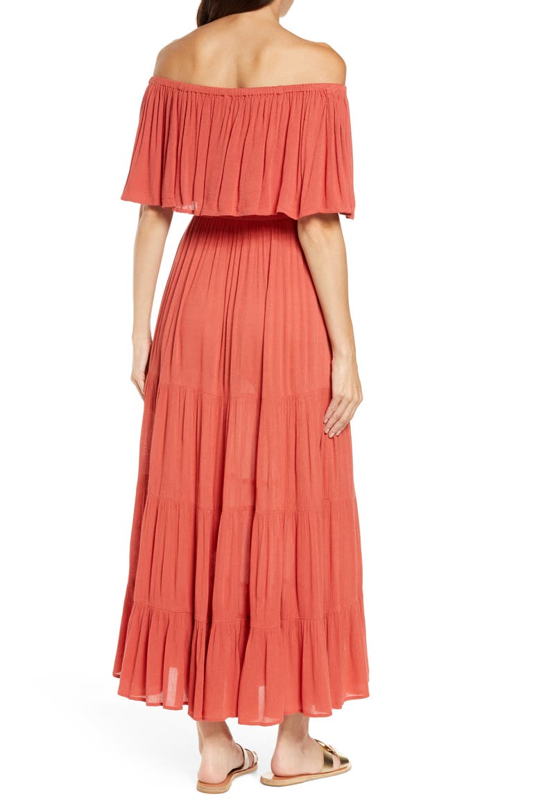 Off the Shoulder Ruffle Cover-Up Maxi Dress, Alternate, color, AUBURN