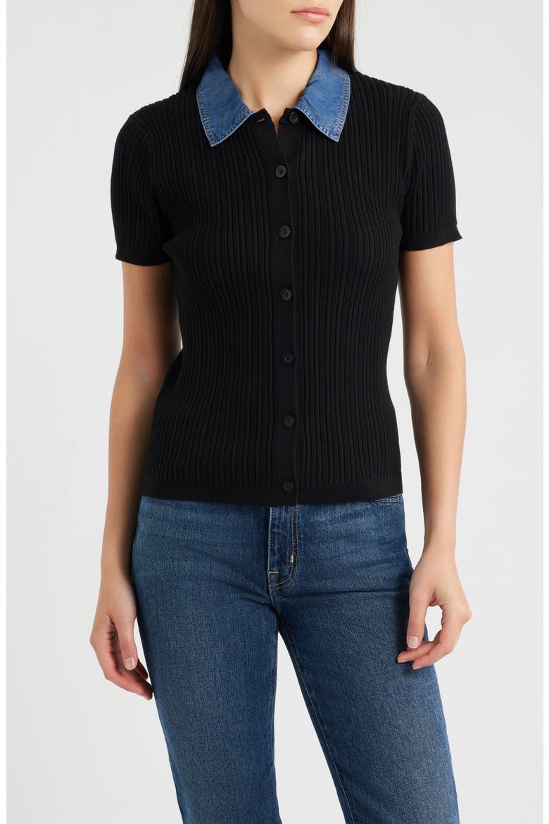 The Remington Denim Collar Short Sleeve Cardigan, Main, color, NOIR/ DENIM