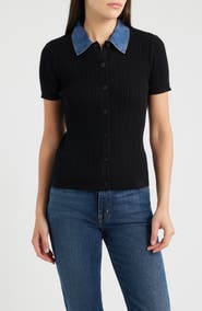 Elie Tahari The Remington Denim Collar Short Sleeve Cardigan