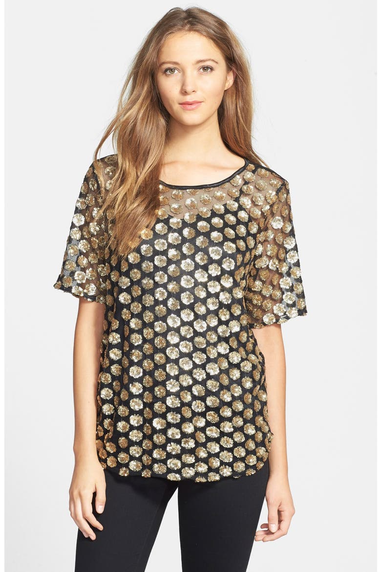 Sequin Embellished Mesh Tee with Camisole, Main, color, GOLDEN BLISS