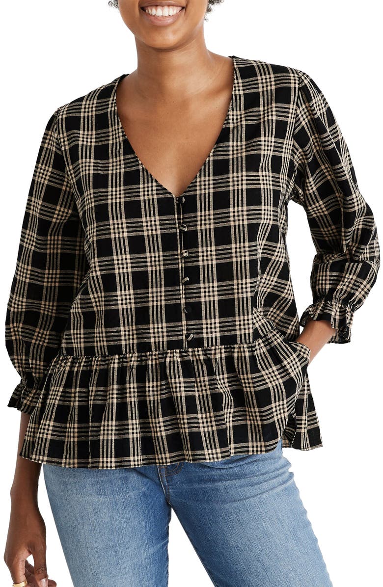 Madewell Courtyard Metallic Plaid Ruffle Hem Top, Main, color, 