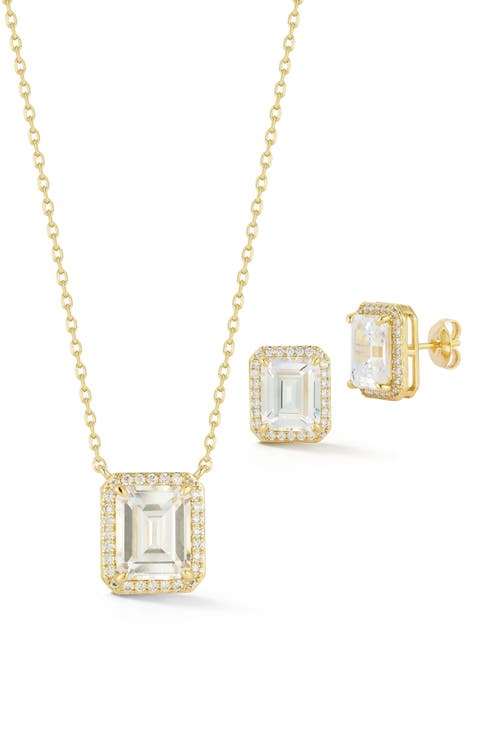 Emerald Cut Cubic Zirconia Pendant Necklace & Earrings Set