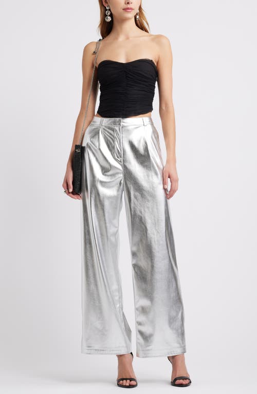 Open Edit Metallic Faux Leather Pants In Silver Metallic