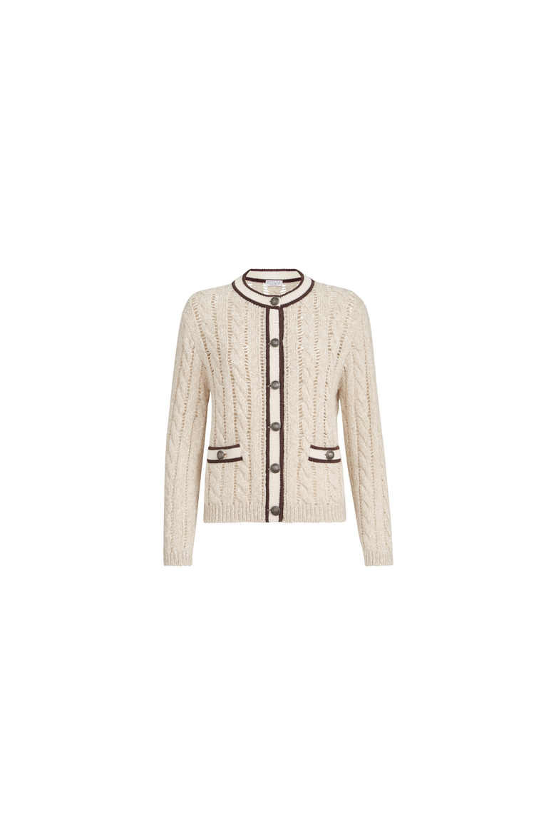 Soft virgin wool and cashmere diamond yarn cable knit cardigan, Main, color, Cream