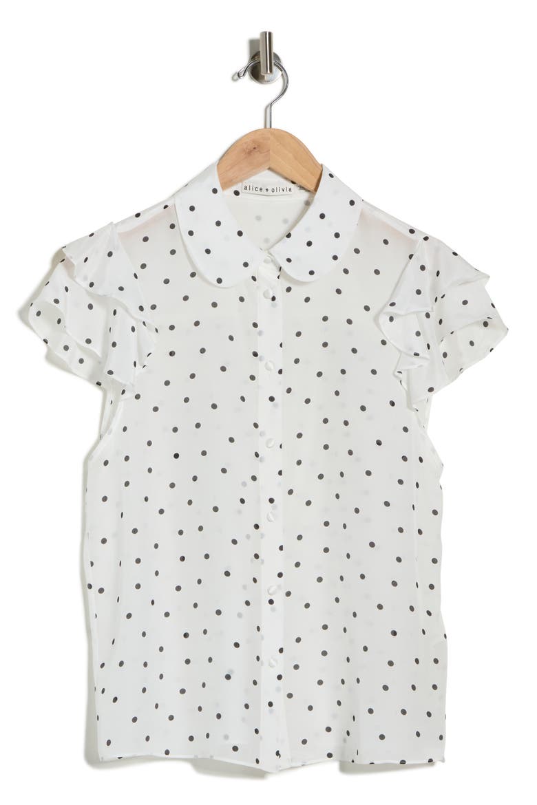 Ziggy Ruffle Sleeve Stretch Silk Button-Up Top, Alternate, color, CUTIE POLKA DOT ANTIQUE WHITE