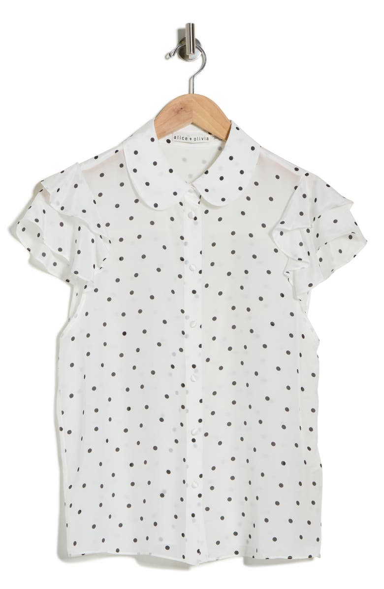 Alice + Olivia Ziggy Ruffle Sleeve Stretch Silk Button-Up Top, Main, color, Cutie Polka Dot Antique White