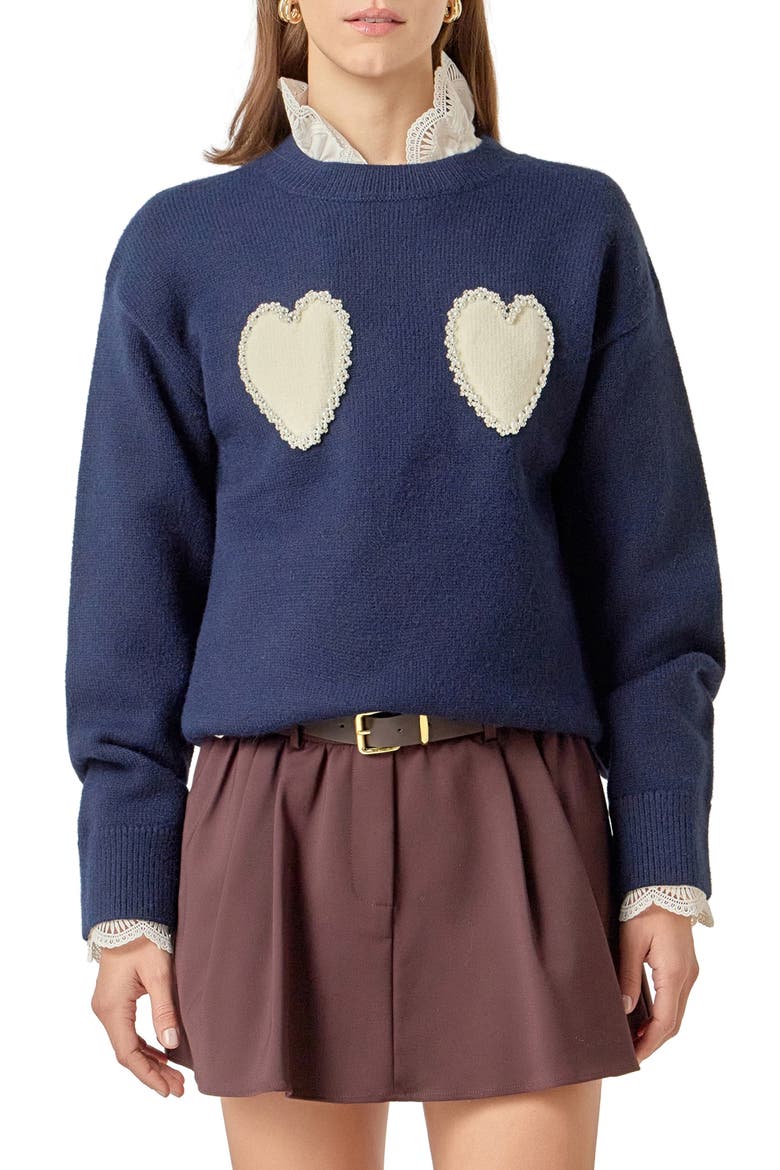 Faux Pearl Heart Crewneck Sweater, Main, color, NAVY