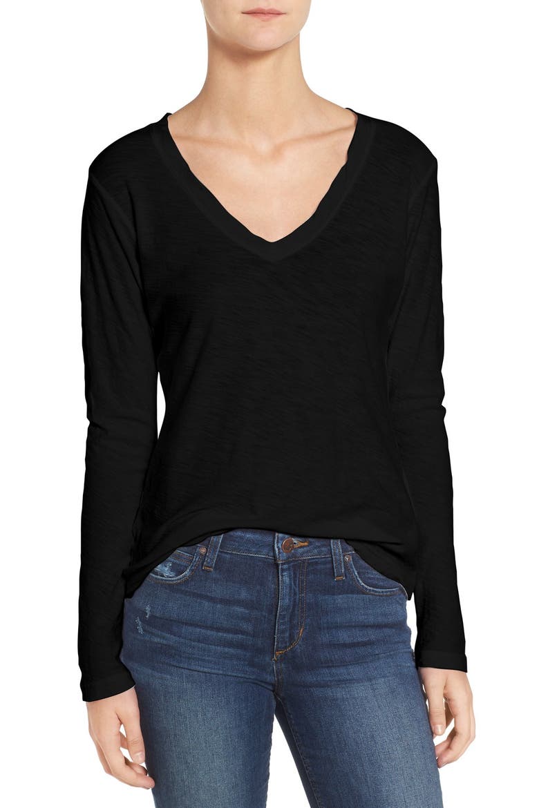Slub Cotton V-Neck Long Sleeve Tee, Main, color, BLACK