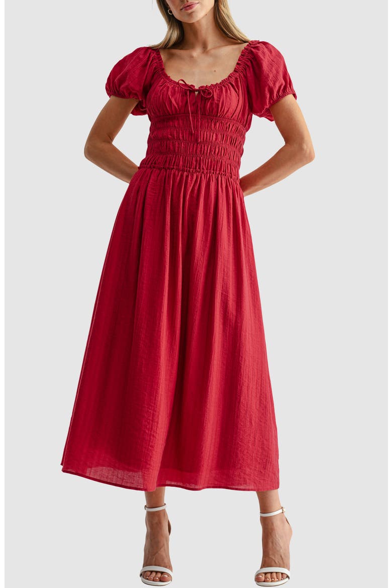 Puff Sleeve Shirred Midi Dress, Main, color, CHERRY RED