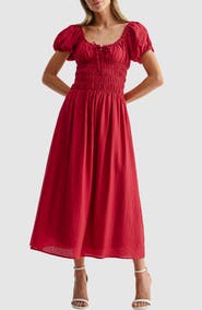 All in Favor Puff Sleeve Shirred Midi Dress
