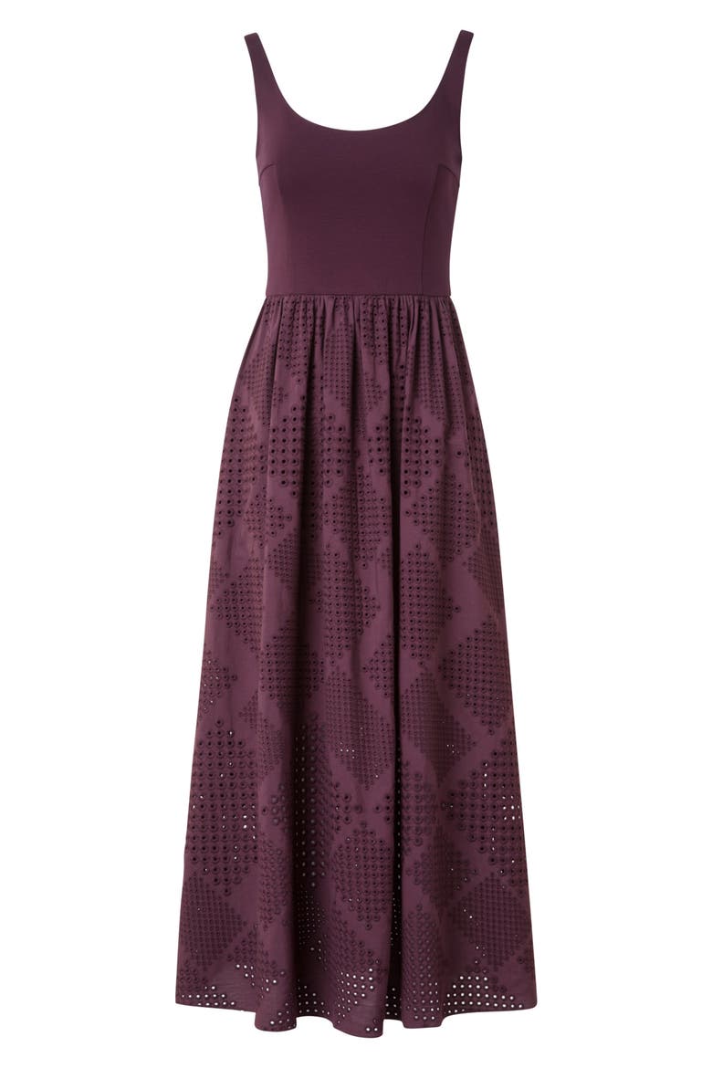 Mixed Media Diamond Eyelet Belted Midi Dress, Alternate, color, BLACKBERRY