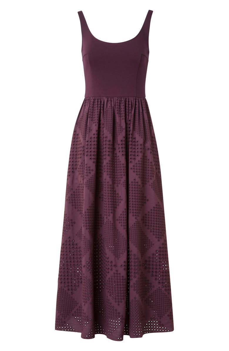 Akris punto Mixed Media Diamond Eyelet Belted Midi Dress, Alternate, color, Blackberry