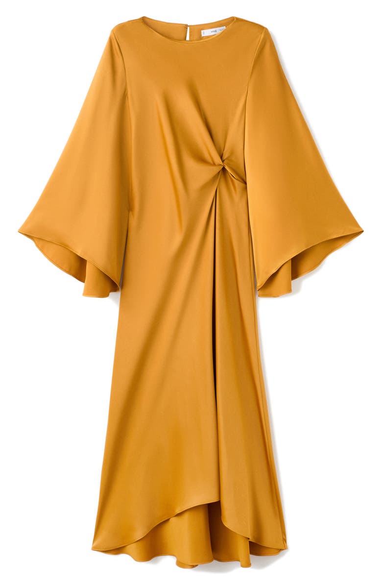 MANGO Twist Flutter Sleeve Satin Dress, Alternate, color, Ochre