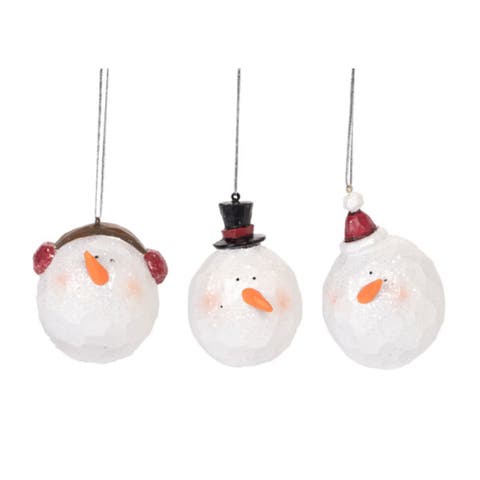 Resin Carved Snowman Head Ornament Set of 3 Christmas Decor