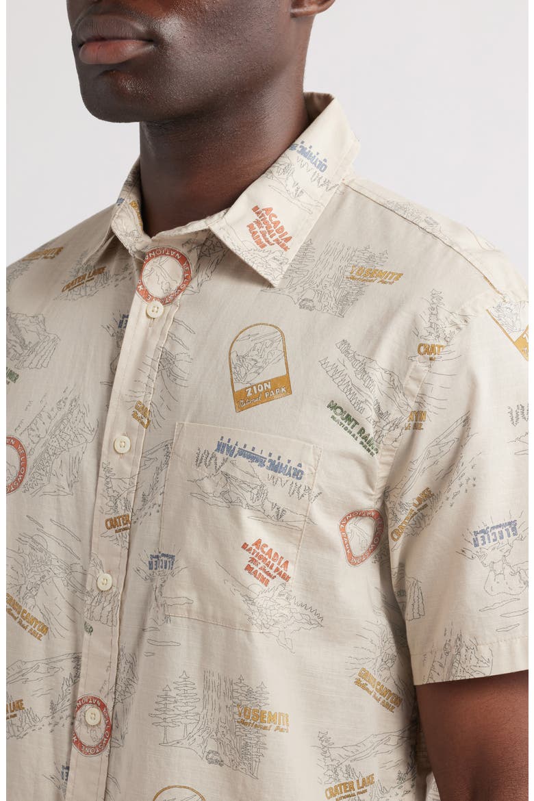 Shoreline National Park Print Short Sleeve Cotton Button-Up Shirt, Alternate, color, PARKS TAN
