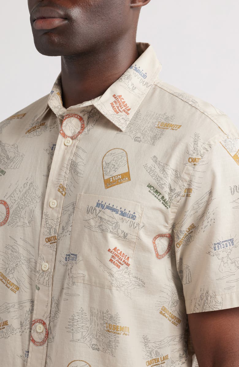 Pendleton Shoreline National Park Print Short Sleeve Cotton Button-Up Shirt, Alternate, color, Parks Tan