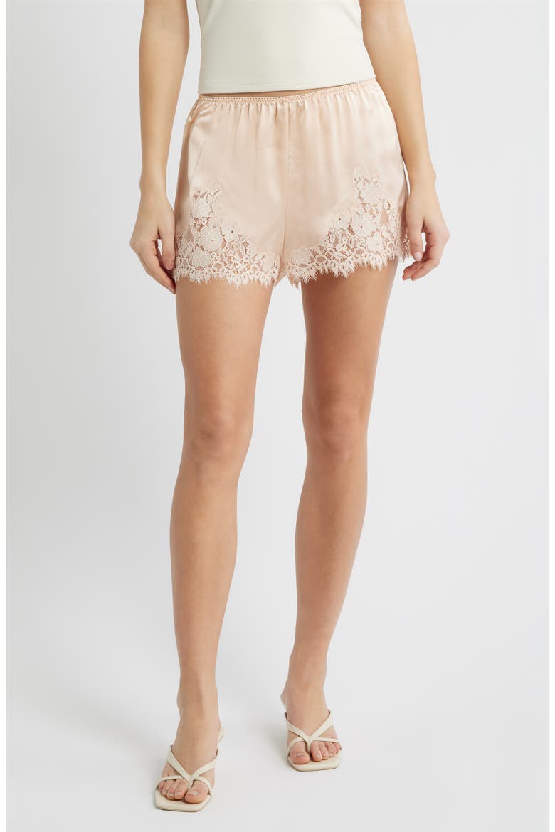 Iona Lace Trim Silk Satin Shorts, Main, color, PEACH SORBET