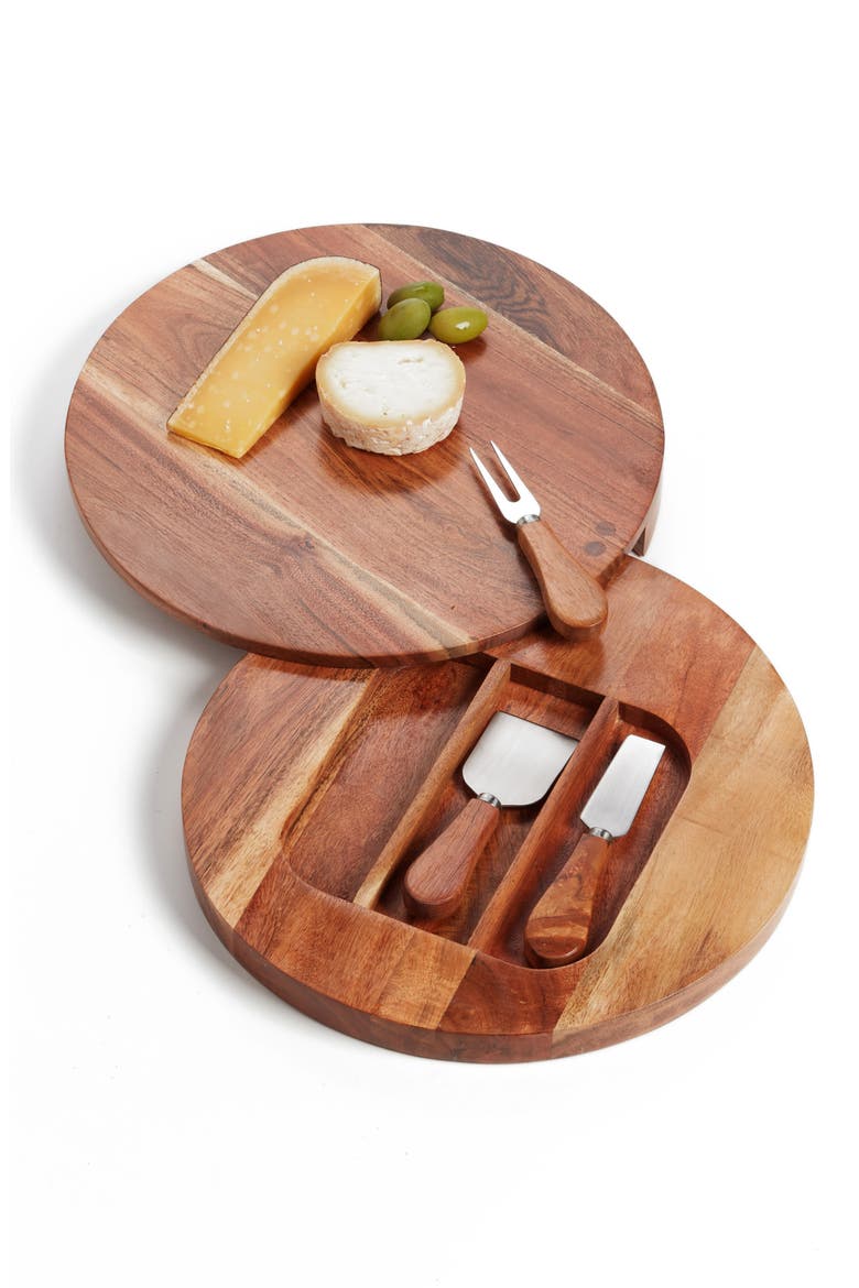 Acacia Wood Cheese Board & Cheese Knives, Main, color, BROWN