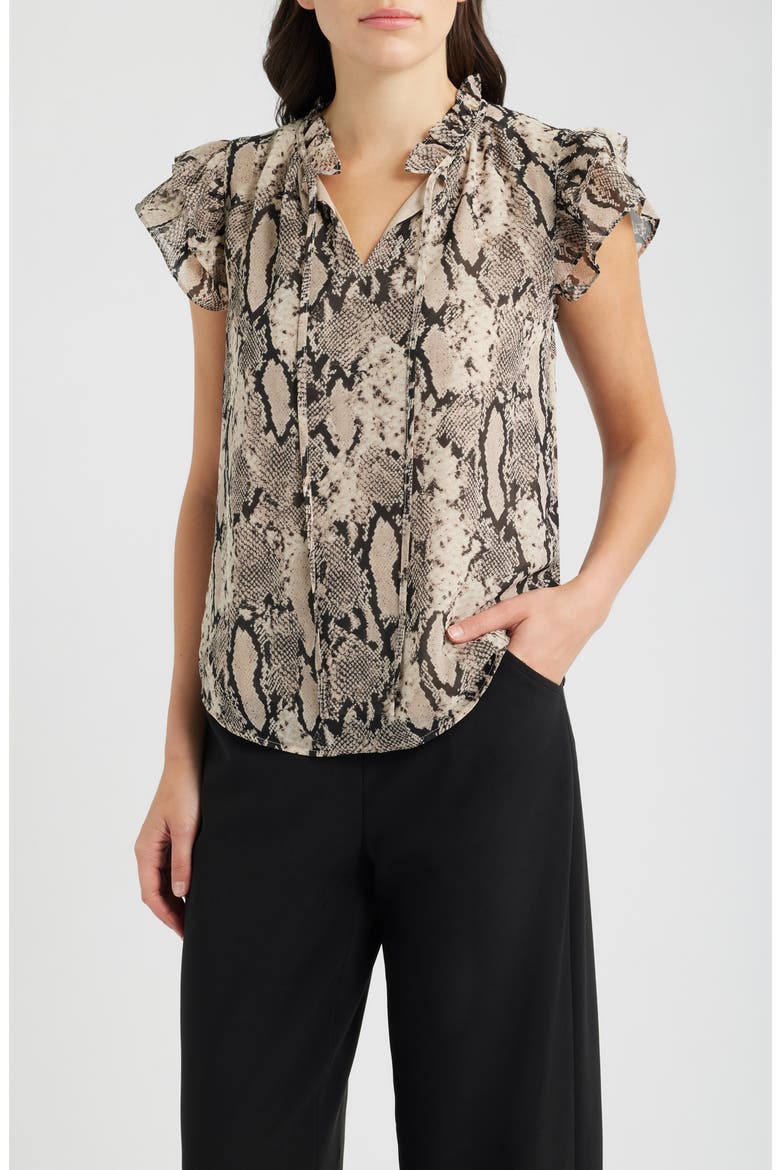 Snake Print Ruffled Sleeve Tied Neck Top, Main, color, LATTE MULTI